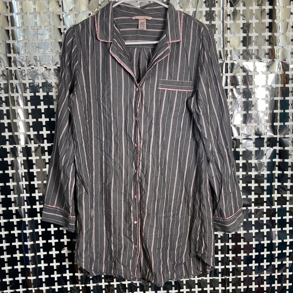 Victoria's Secret Gray and White Striped Top with Pink Piping